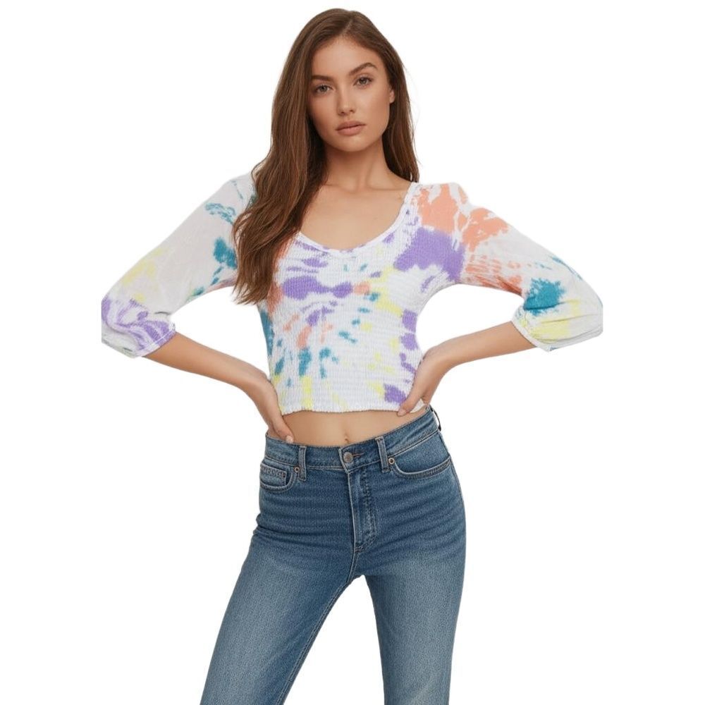 Chaser Womens Smocked Double V Tie Dye Peasant Top Half Sleeve White Purple S